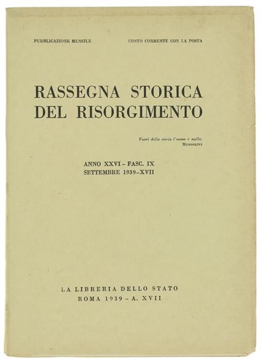 Rassegna Storica Del Risorgimento. Anno Xxvi. Fasc. Ix. Settembre 1939 - copertina