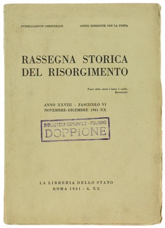 Rassegna Storica Del Risorgimento. Anno Xxviii. Fasc. Vi. Novembre. Dicembre 1941 - copertina
