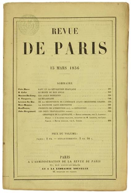 Revue De Paris. 4E Année -. 15 Mars 1856 (Edition Originale) - copertina