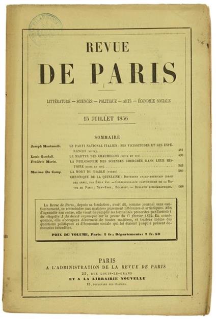 Revue De Paris. 4E Année. 15 Juillet 1856 (Edition Originale) - copertina