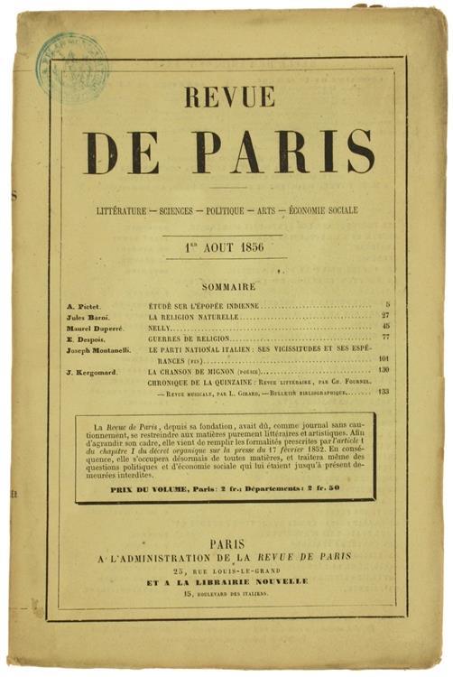 Revue De Paris. 4E Année. 1Er Aout 1856 (Edition Originale) - copertina
