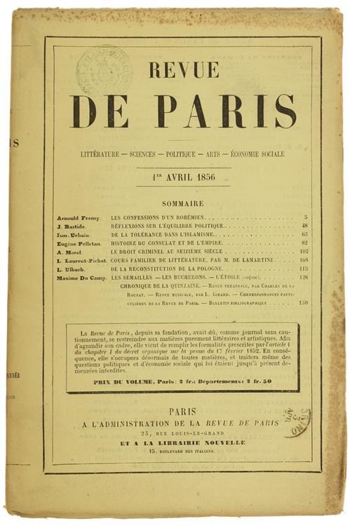 Revue De Paris. 4E Année. 1Er Avril 1856 (Edition Originale) - copertina