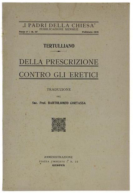 Della Prescrizione Contro Gli Eretici - Quinto S. Tertulliano - copertina