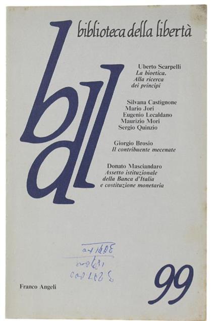 Biblioteca Della Libertà N. 99 - Ottobre-Dicembre 1987 - copertina