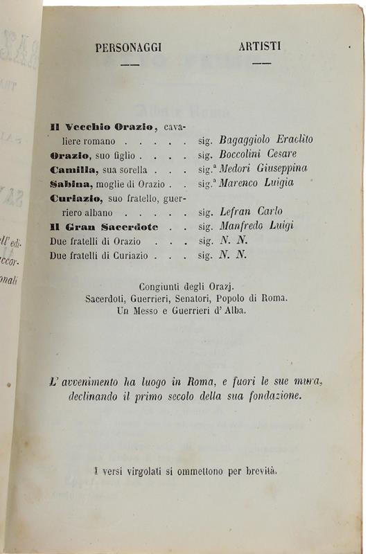 Orazi E Curiazi. Tragedia Lirica In Tre Atti Da Rappresentarsi Al Teatro Regio Il Carnevale 1864-65. Libretto D'Opera