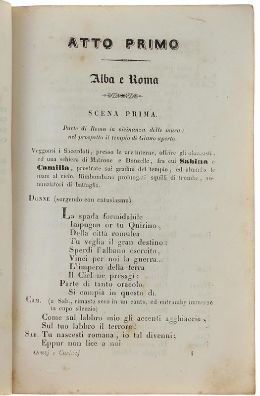 Orazi E Curiazi. Tragedia Lirica In Tre Atti Da Rappresentarsi Al Teatro Regio Il Carnevale 1864-65. Libretto D'Opera