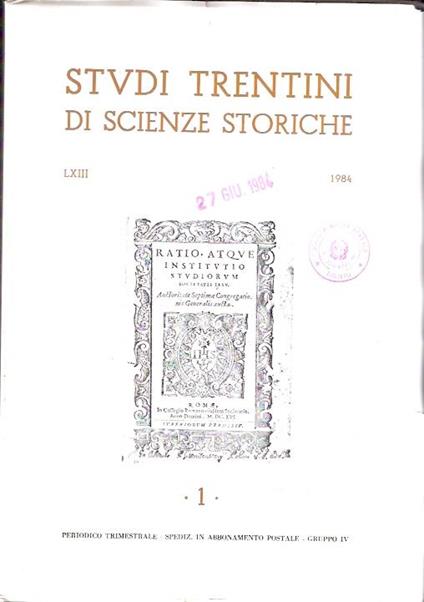 Studi Trentini Di Scienze Storiche 1. Lxiii/84 - copertina
