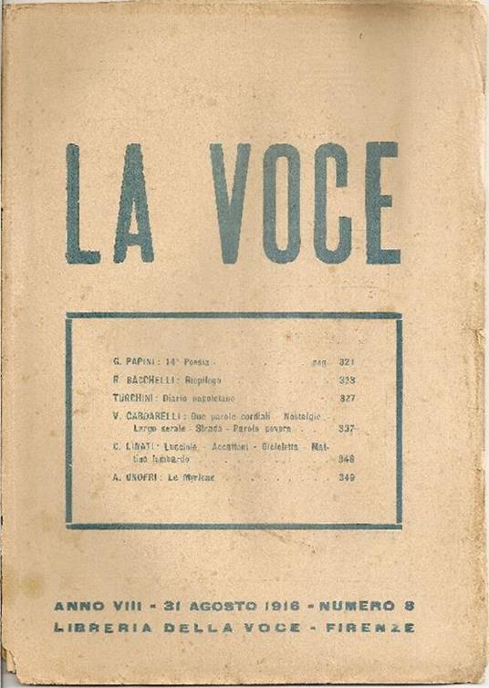 La Voce. 31 Agosto 1916 - copertina