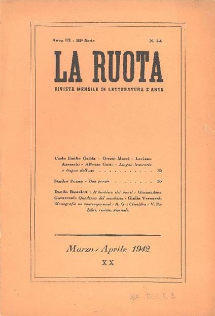 La Ruota. Anno II (III serie), Numero 3-4, Marzo-Aprile 1942 - copertina