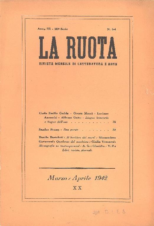 La Ruota. Anno II (III serie), Numero 3-4, Marzo-Aprile 1942 - copertina