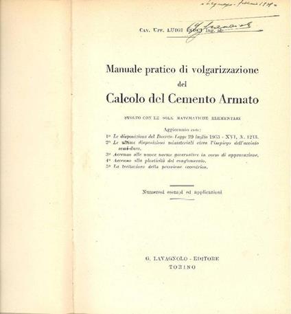 Manuale pratico di volgarizzazione del Calcolo del Cemento Armato (Svolto con le sole matematiche el - Luigi Rosci - copertina