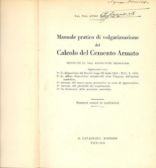Manuale pratico di volgarizzazione del Calcolo del Cemento Armato (Svolto con le sole matematiche el - Luigi Rosci - copertina