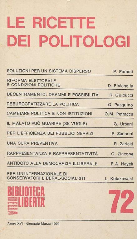Biblioteca della Libertà. Gennaio-Marzo1979. Le ricette dei politologi - copertina