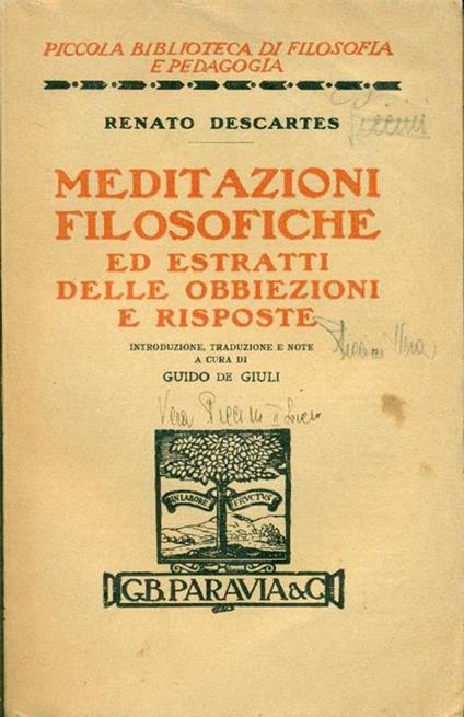 Meditazioni filosofiche ed estratti delle obbiezioni e risposte - Renato Cartesio - copertina
