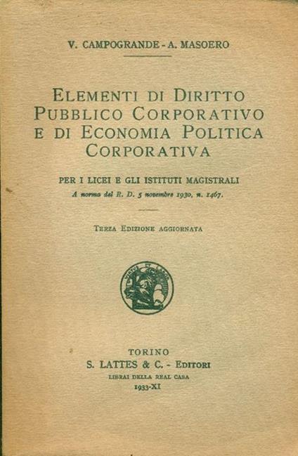 Elementi di diritto pubblico corporativo e di economia politica corporativa - A. Masoero - copertina