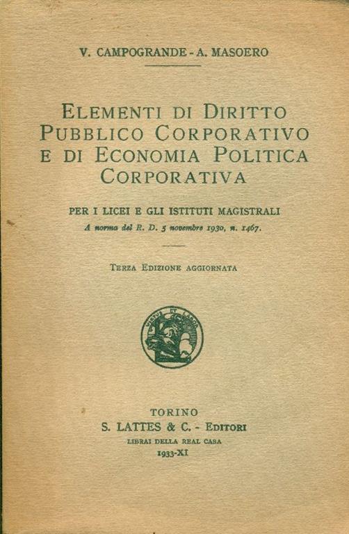 Elementi di diritto pubblico corporativo e di economia politica corporativa - A. Masoero - copertina