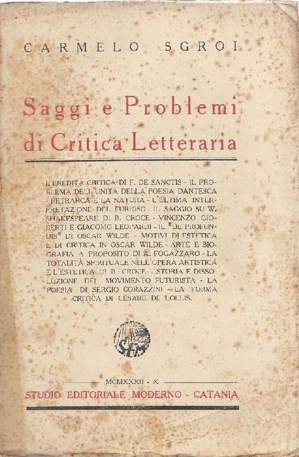 Saggi e problemi di critica letteraria - Carmelo Sgroi - copertina