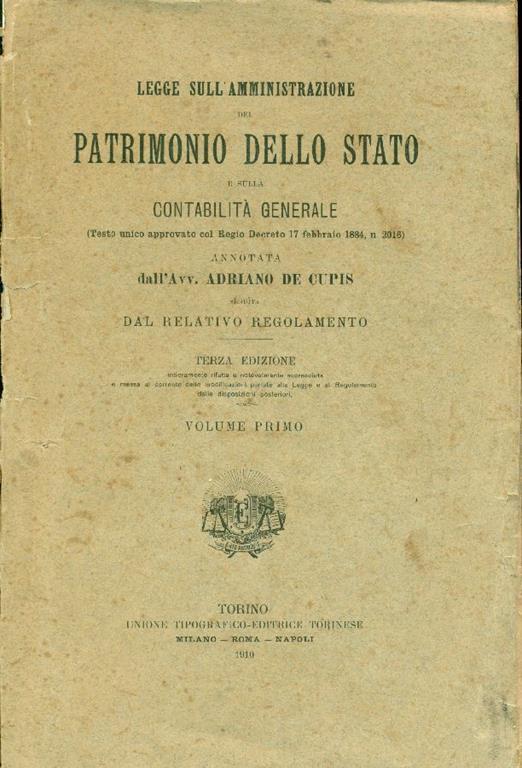 Legge sull'amministrazione del patrimonio dello Stato e sulla contabilità generale - Adriano De Cupis - copertina