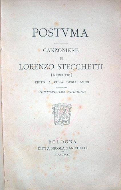 Postuma. Canzoniere di Lorenzo Stecchetti (Mercutio) edito a cura degli amici. Ventunesima edizione - Lorenzo Stecchetti - copertina