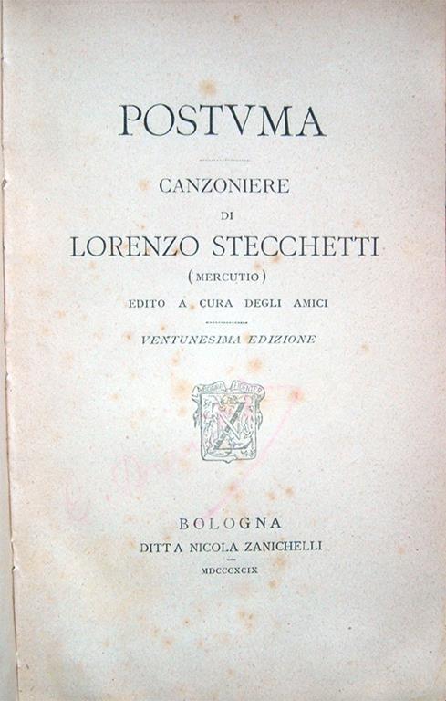 Postuma. Canzoniere di Lorenzo Stecchetti (Mercutio) edito a cura degli amici. Ventunesima edizione - Lorenzo Stecchetti - copertina