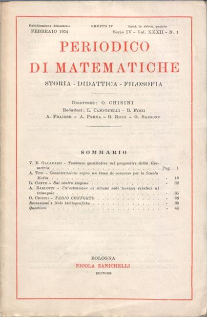 Periodico di matematiche. Storia. Didattica. Filosofia. Pubblicazione bimestrale. Febbraio 1954. Serie IV. Vol. XXXII. N. 1 - copertina