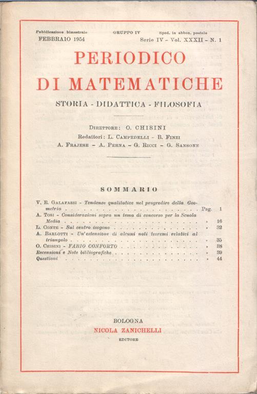 Periodico di matematiche. Storia. Didattica. Filosofia. Pubblicazione bimestrale. Febbraio 1954. Serie IV. Vol. XXXII. N. 1 - copertina