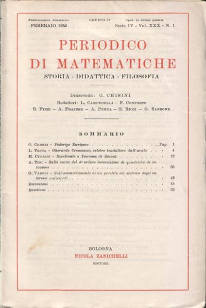 Periodico di matematiche. Storia - Didattica - Filosofia. Pubblicazione bimestrale. Febbraio 1952 - Serie IV - Vol. XXX - N. 1 - copertina
