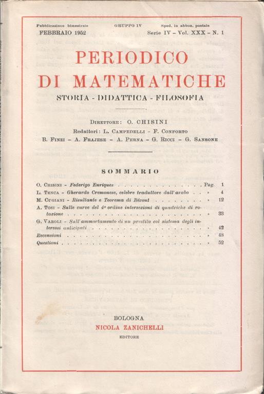 Periodico di matematiche. Storia - Didattica - Filosofia. Pubblicazione bimestrale. Febbraio 1952 - Serie IV - Vol. XXX - N. 1 - copertina