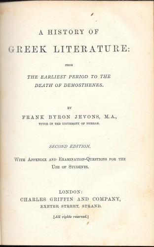 A history of greek literature from the earliest period to the death of Demosthenes - F. B. Jevons - copertina