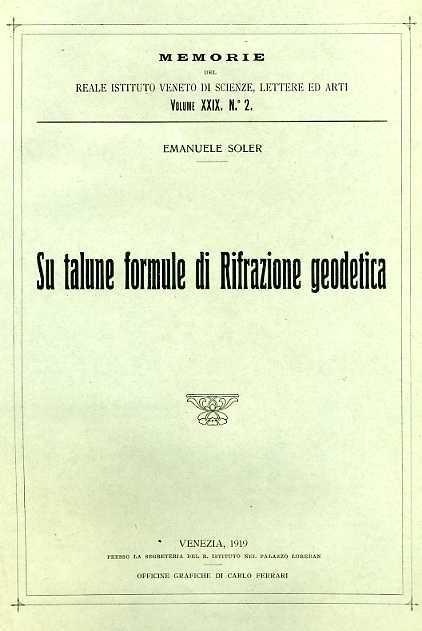 Su talune formule di Rifrazione geodetica - Emanuele Soler - copertina