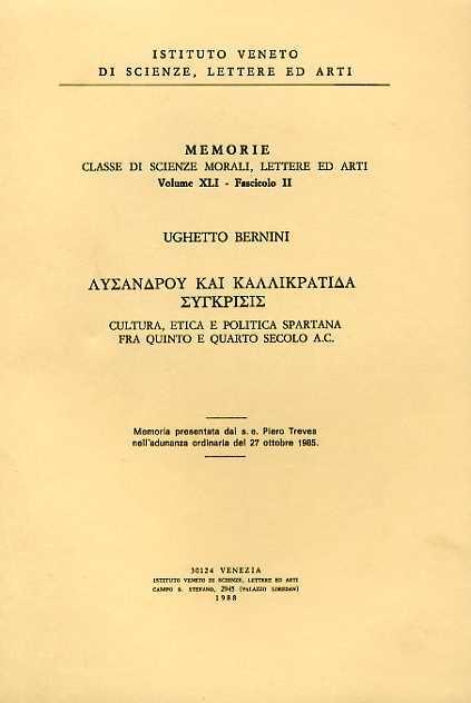 Lysandrou kai Kallikratida synkrisis. Cultura, etica e politica spartana fra V e IV secolo a. C - Ughetto Bernini - copertina