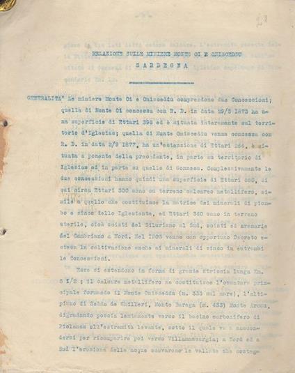 Relazione sulle Miniere Monte Oi e Monte Onixeddu: Sardegna - copertina