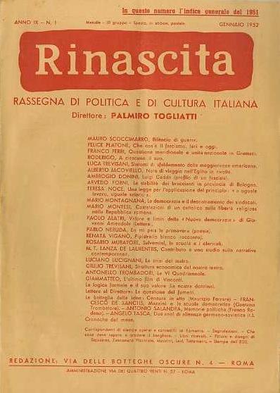 Rinascita: rassegna di politica e di cultura italiana. ANNO IX - Palmiro Togliatti - copertina