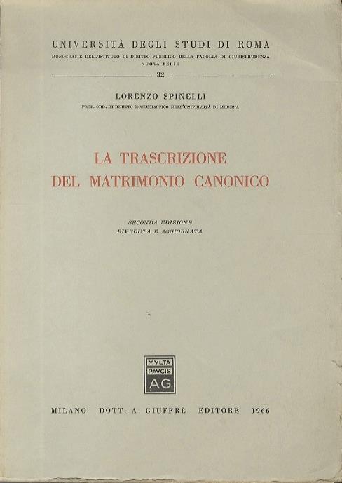 La trascrizione del matrimonio canonico - Lorenzo Spinelli - copertina
