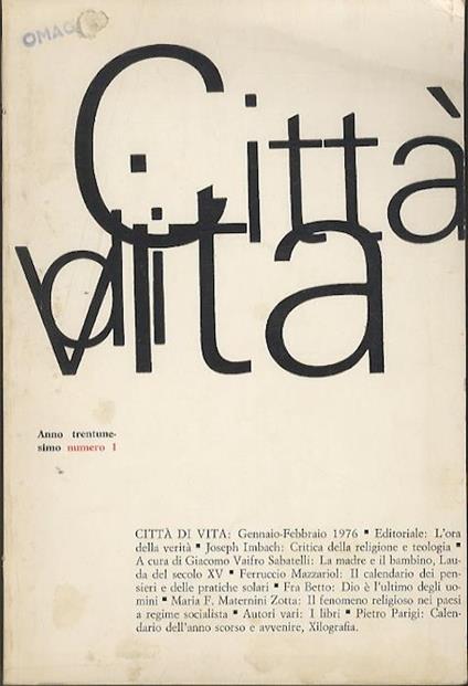 Città di vita: Bimestrale di religione, arte e scienza. A. 31° (1976): N. 1 - Massimiliano G. Rosito - copertina