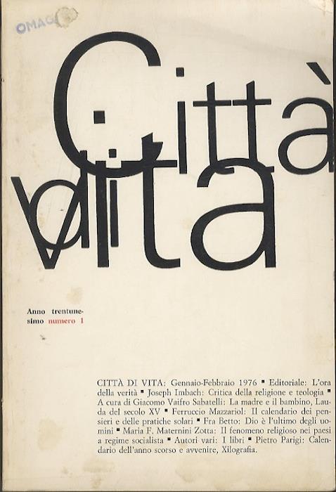 Città di vita: Bimestrale di religione, arte e scienza. A. 31° (1976): N. 1 - Massimiliano G. Rosito - copertina