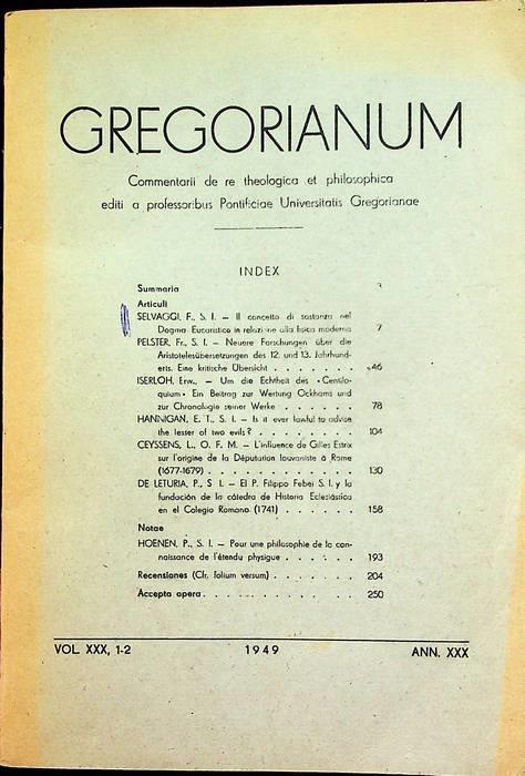 Gregorianum: commentarii de re theologica et philosofica edita a professoribus Pontificiae universitatis Gregorianae: V. XXX, 1-2 (1949) - copertina