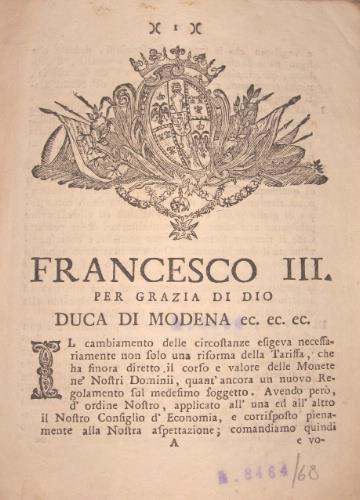 Editto numismatico sulle monete d’oro emanato da Francesco III, Duca di Modena - copertina