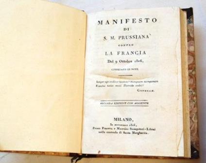 Manifesto di S.M. Prussiana contro la Francia Del 9 Ottobre 1806 - Melchior Gioja - copertina