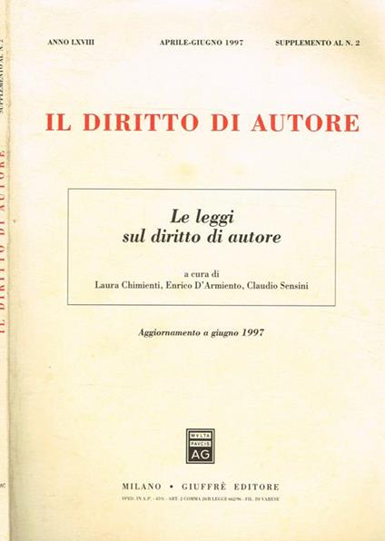 Il Diritto Di Autore Anno Lxviii Supplemento Al N.2. Le Leggi Sul Diritto Di Autore. Aggiornamento A Giugno 1997 - copertina