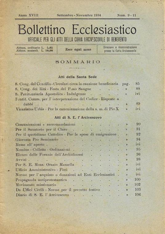 Bollettino Ecclesiastico. Ufficiale per gli Atti della Cura Arcivescovile di Benevento - copertina