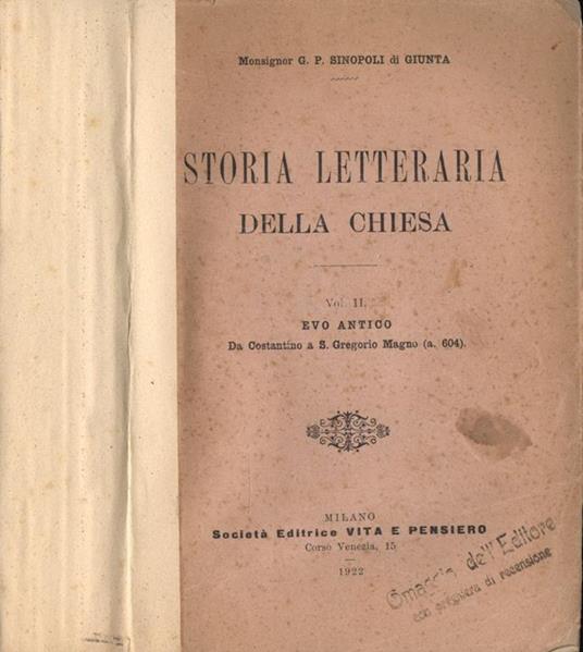 Storia letteraria della Chiesa - Vol. II. Evo Antico - Da Costantino a S. Gregorio Magno ( a. 604 ) - Giuseppe Sinopoli - copertina