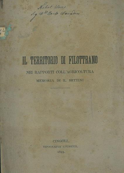 Il territorio di Filottrano nei rapporti coll'agricoltura - Filippo Bettini - copertina