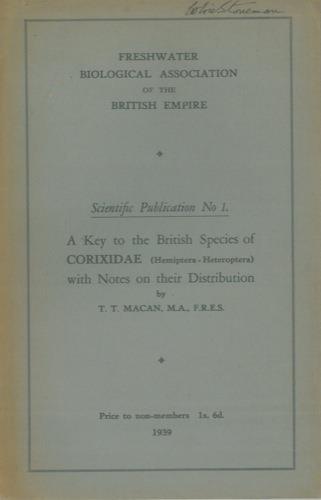 A key to the British species of Corixidae with notes on their distribution - T.T. Macan - copertina