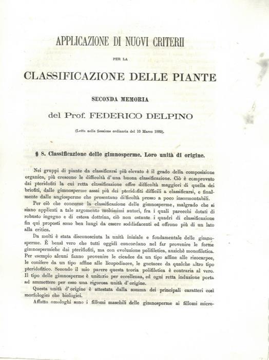 Applicazione di nuovi criterii per la classificazione delle piante - Federico Delpino - copertina