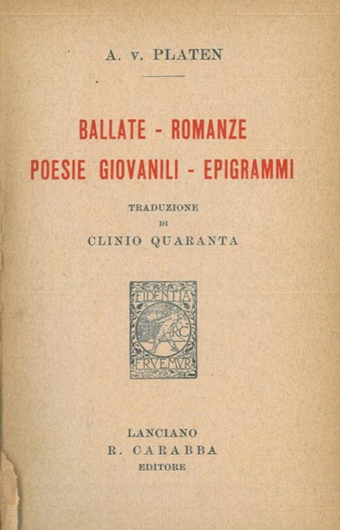 Ballate. romanze. poesie giovanili. epigrammi - A. V. Platen - copertina