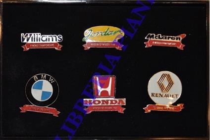 BMW, Honda, Renault, Williams, Jordan, McLaren. Scatola con sei spille smaltat - copertina
