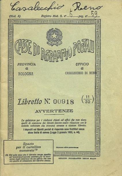 Casse di Risparmio Postale. Libretto - copertina