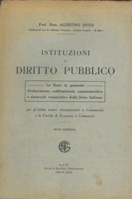 Istituzioni di Diritto Pubblico - Agostino Sisto - copertina