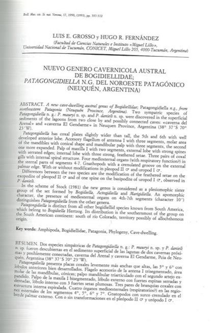 Nuevo genero cavernicola austral de bogidiellidae Patagongidiella n. g. del Noroeste Patagonico (Neuquen, Argentina) - copertina